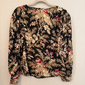 H&M Black Gold Floral Print Long Sleeve Button Front Collared Blouse Women's XS